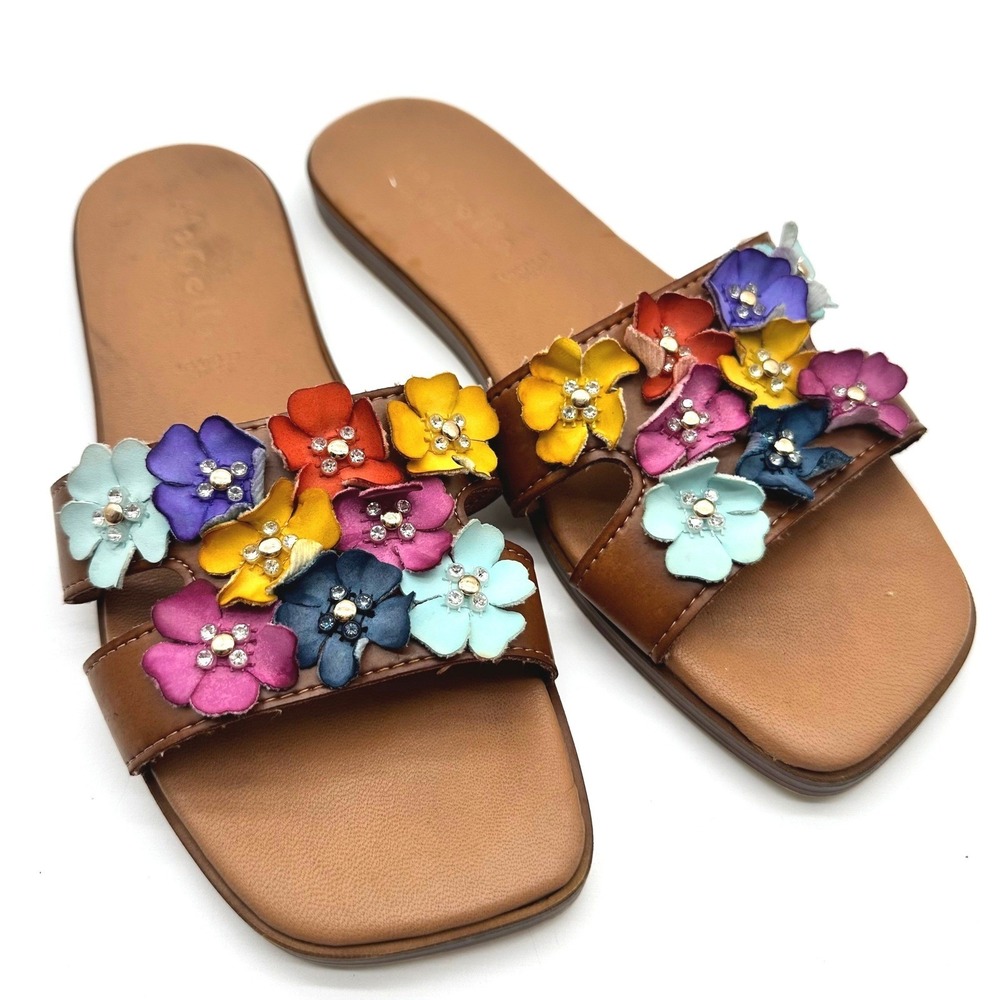 Mariella Italy Brown/Multicolor Leather Floral Rhinestone Slide Sandals 10
